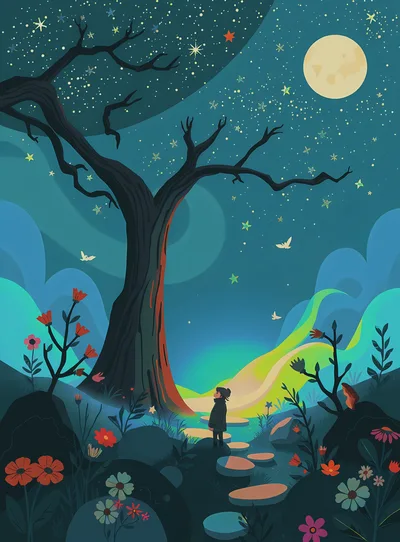 Child Standing Before A Magical Glowing Tree At Night