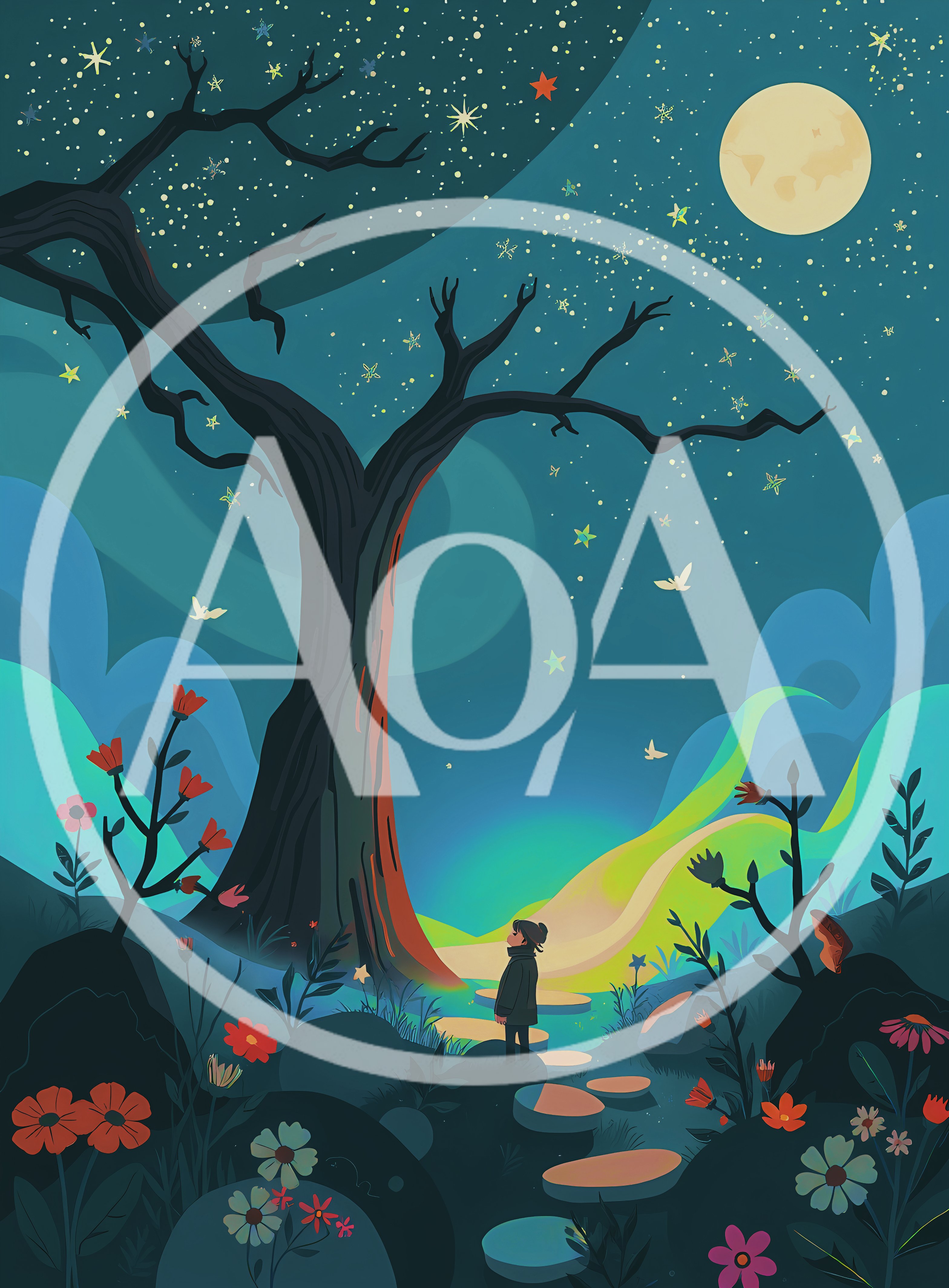 Child Standing Before A Magical Glowing Tree At Night
