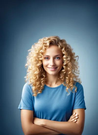 Portrait Of A Smiling Woman With Curly Blonde Hair