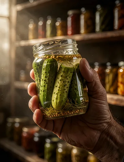 Hand Holding A Jar Of Homemade Pickles