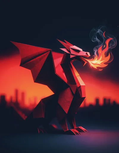 Origami Dragon Breathing Fire Against A City Skyline