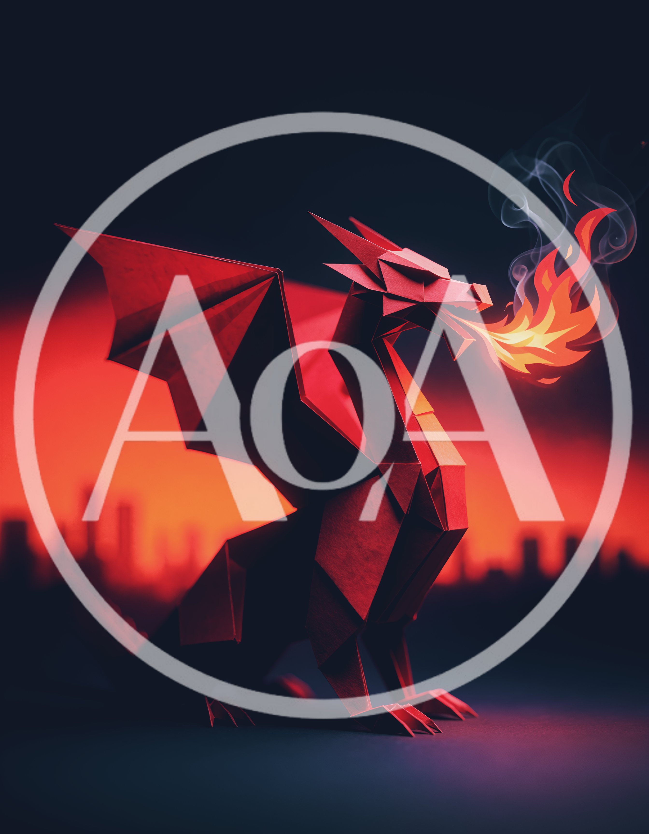 Origami Dragon Breathing Fire Against A City Skyline