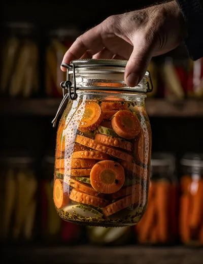 Hand Holding A Jar Of Pickled Sliced Carrots