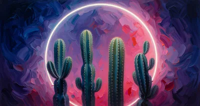 Four Cacti Silhouetted Against A Glowing Neon Circle
