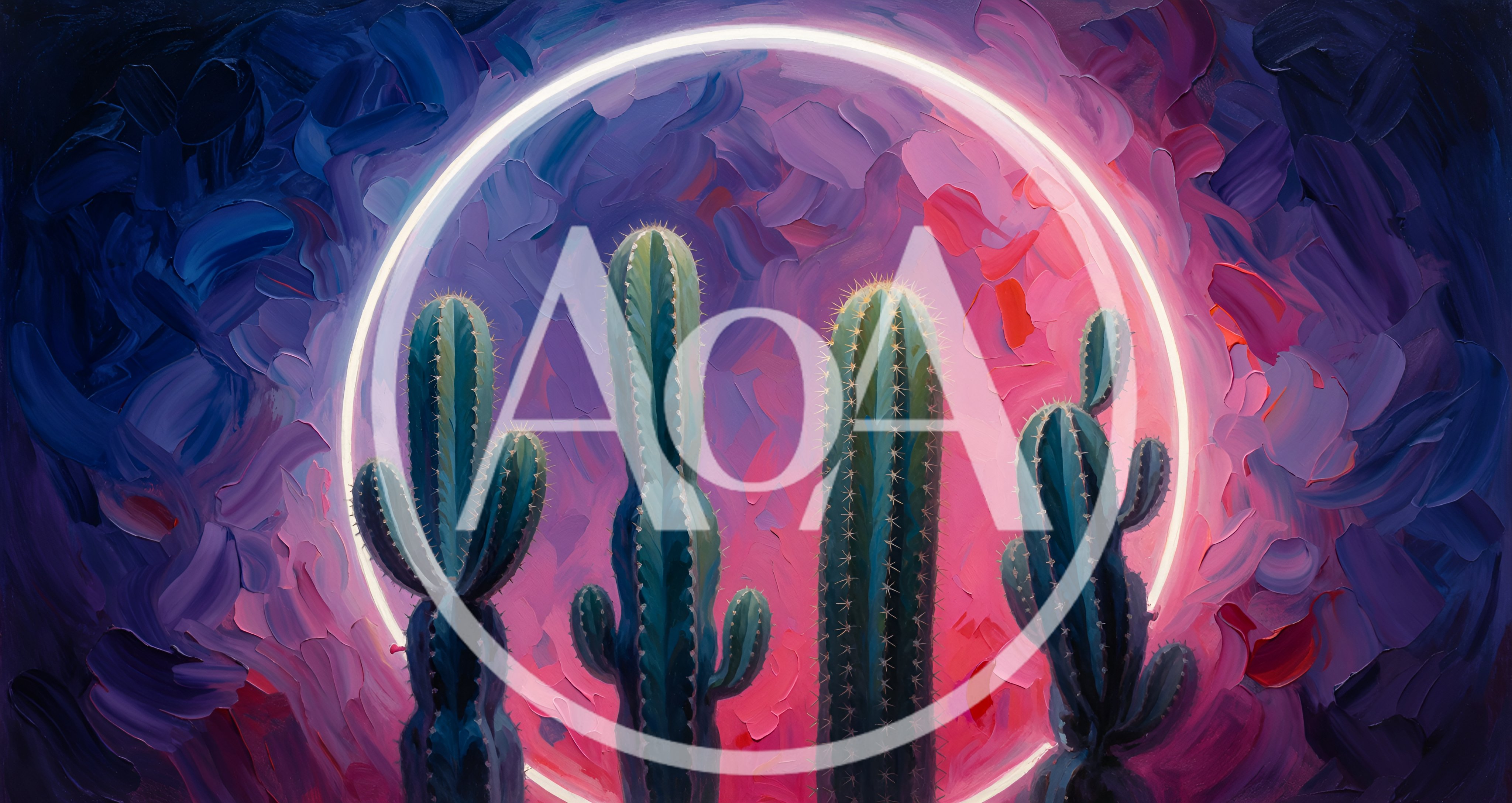 Four Cacti Silhouetted Against A Glowing Neon Circle