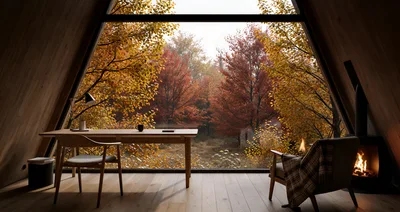 Cozy A-Frame Cabin Interior With Autumn Forest View