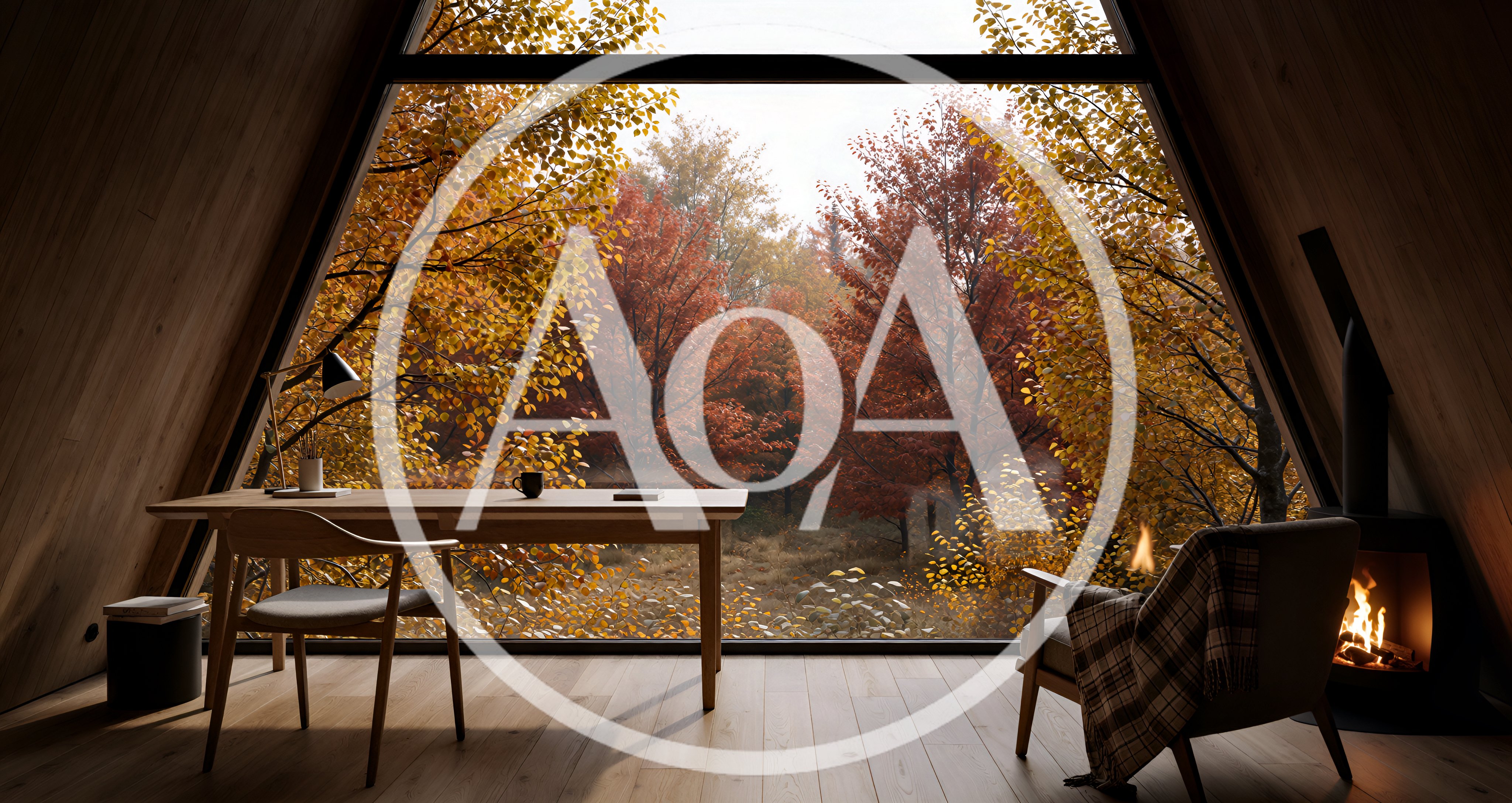 Cozy A-Frame Cabin Interior With Autumn Forest View