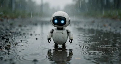 Small White Robot Standing In A Rain Puddle