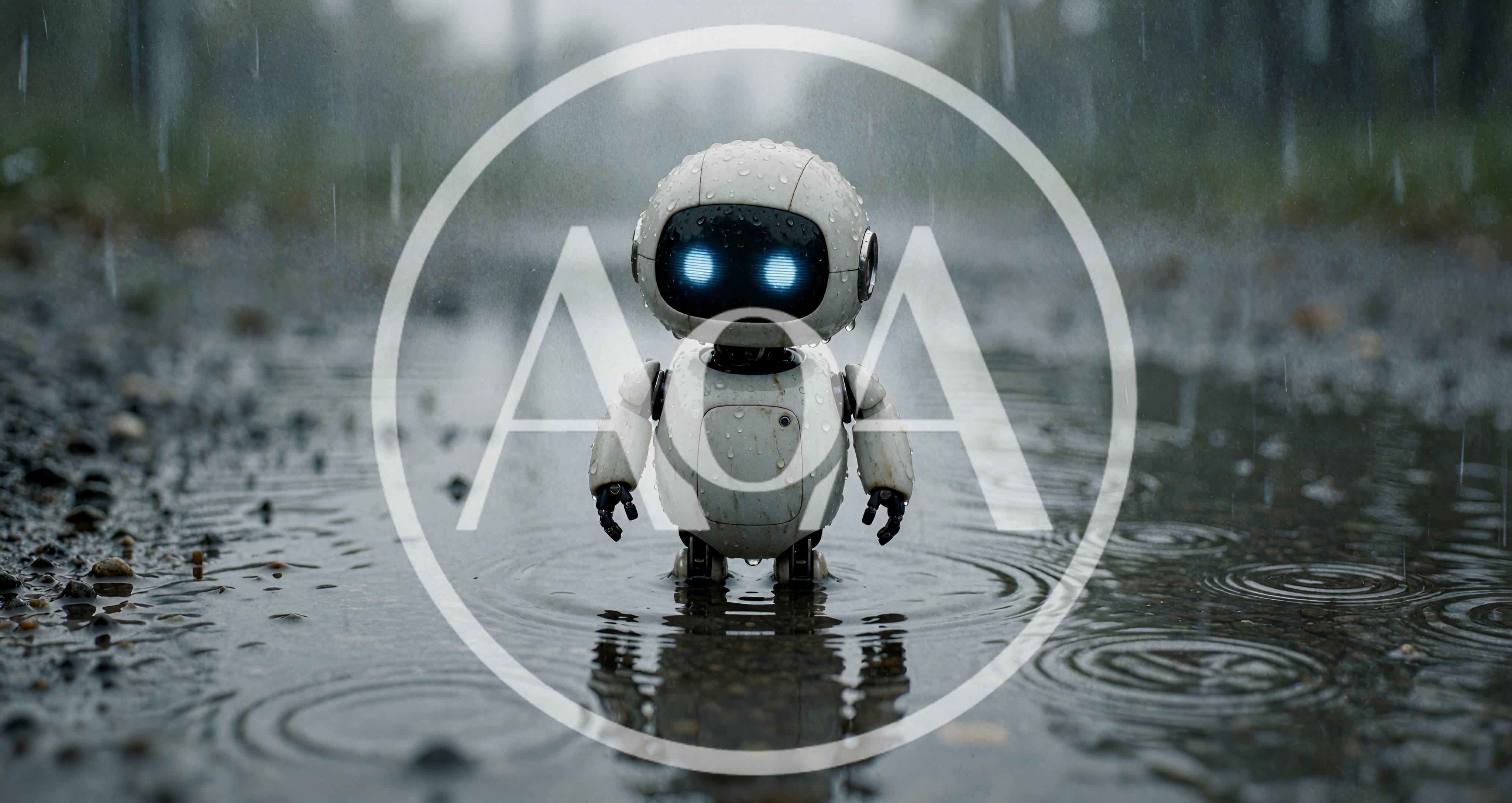 Small White Robot Standing In A Rain Puddle