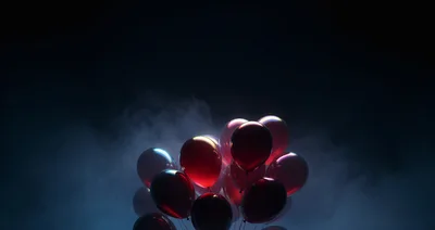 Bunch Of Red Balloons Floating In Dark Foggy Atmosphere