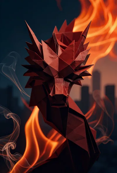 Origami Dragon Sculpture Surrounded By Fire And Smoke