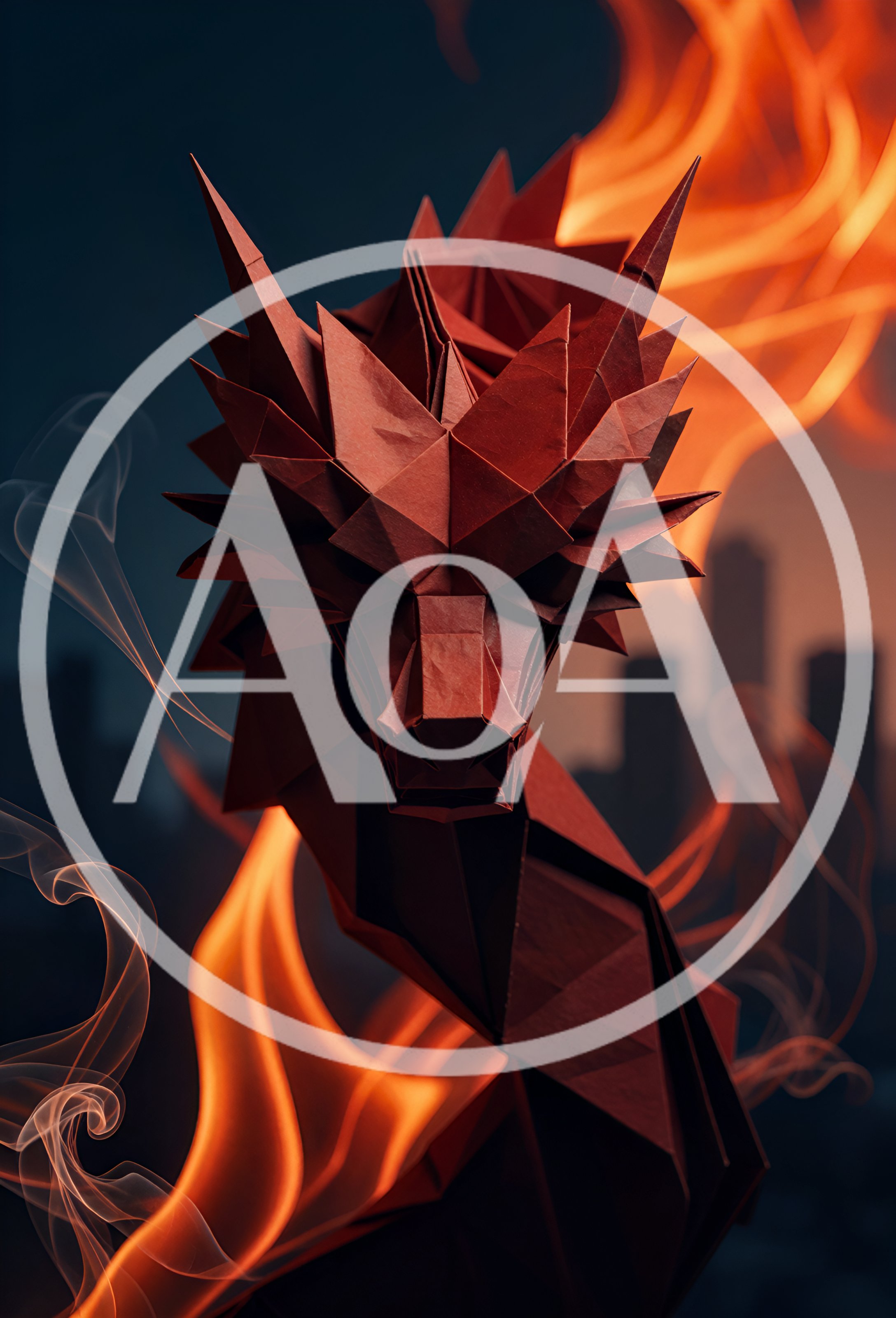 Origami Dragon Sculpture Surrounded By Fire And Smoke