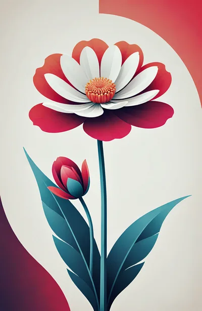 Stylized Floral Illustration With Red And White Petals
