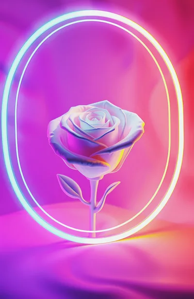 Neon Glowing Rose Inside A Circular Light Frame