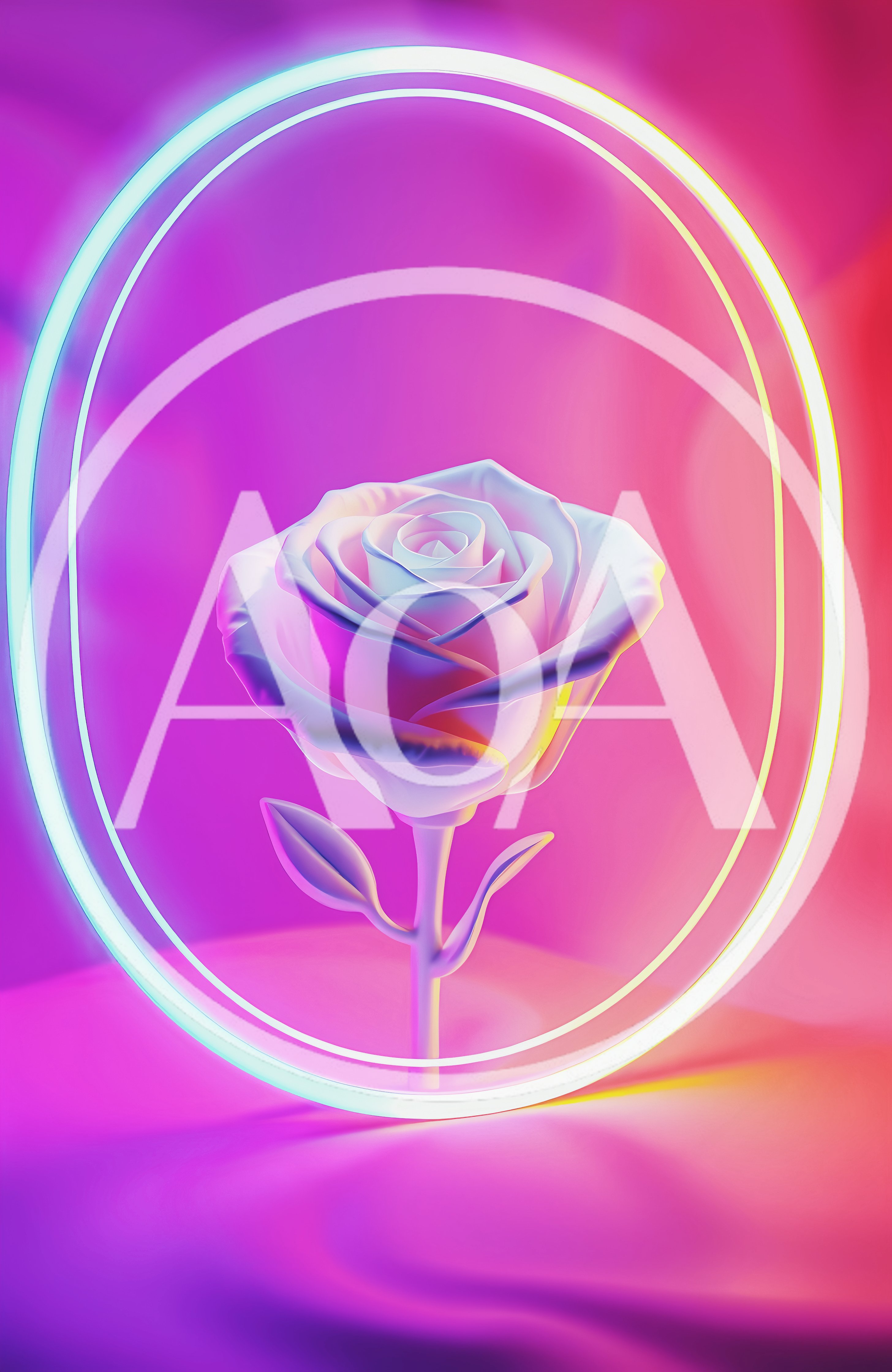 Neon Glowing Rose Inside A Circular Light Frame