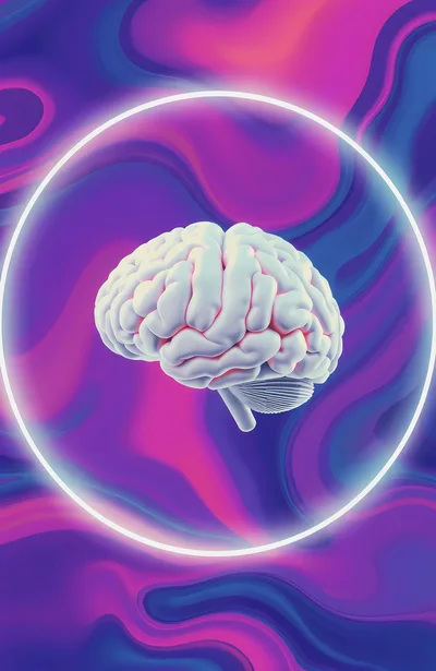 3D Human Brain Inside Glowing Neon Circle