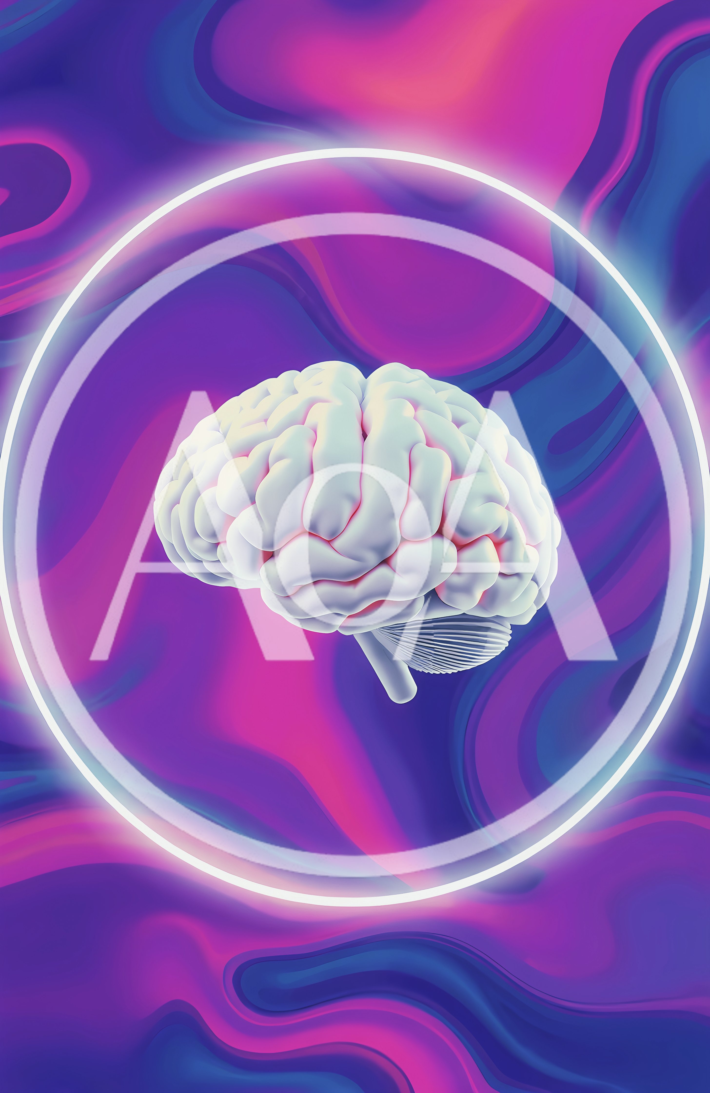 3D Human Brain Inside Glowing Neon Circle