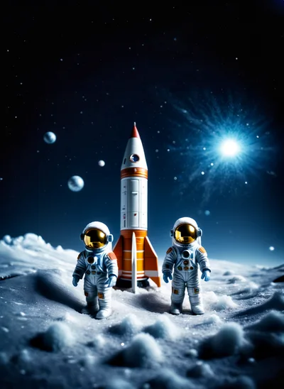 Two Astronauts Standing Near A Rocket On The Moon