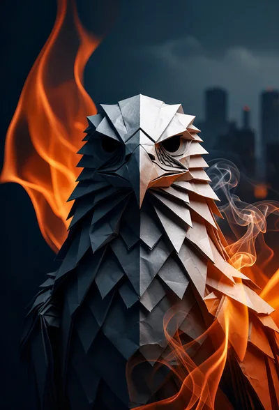 Origami Eagle Sculpture Surrounded By Fire And Smoke