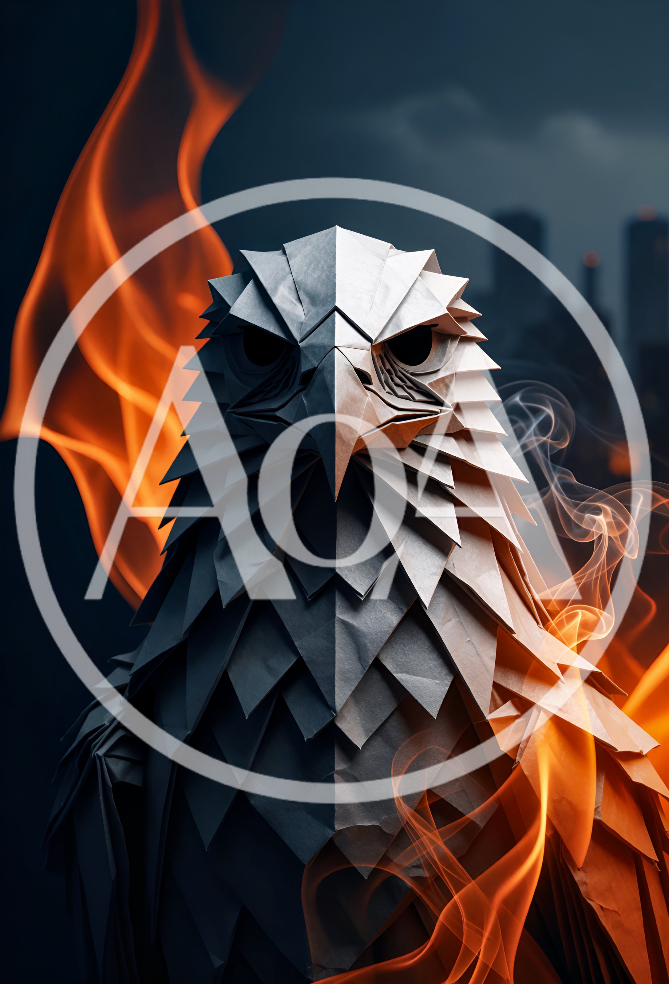 Origami Eagle Sculpture Surrounded By Fire And Smoke