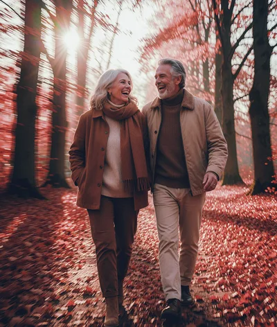 Happy Senior Couple Walking Through Autumn Forest