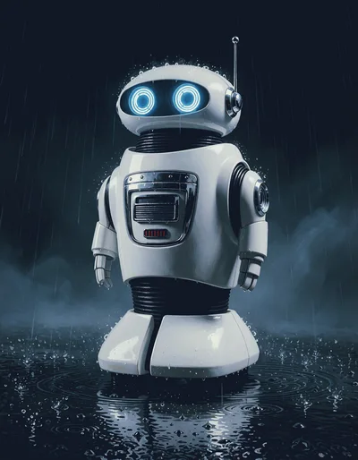 White Retro Robot Standing In The Rain