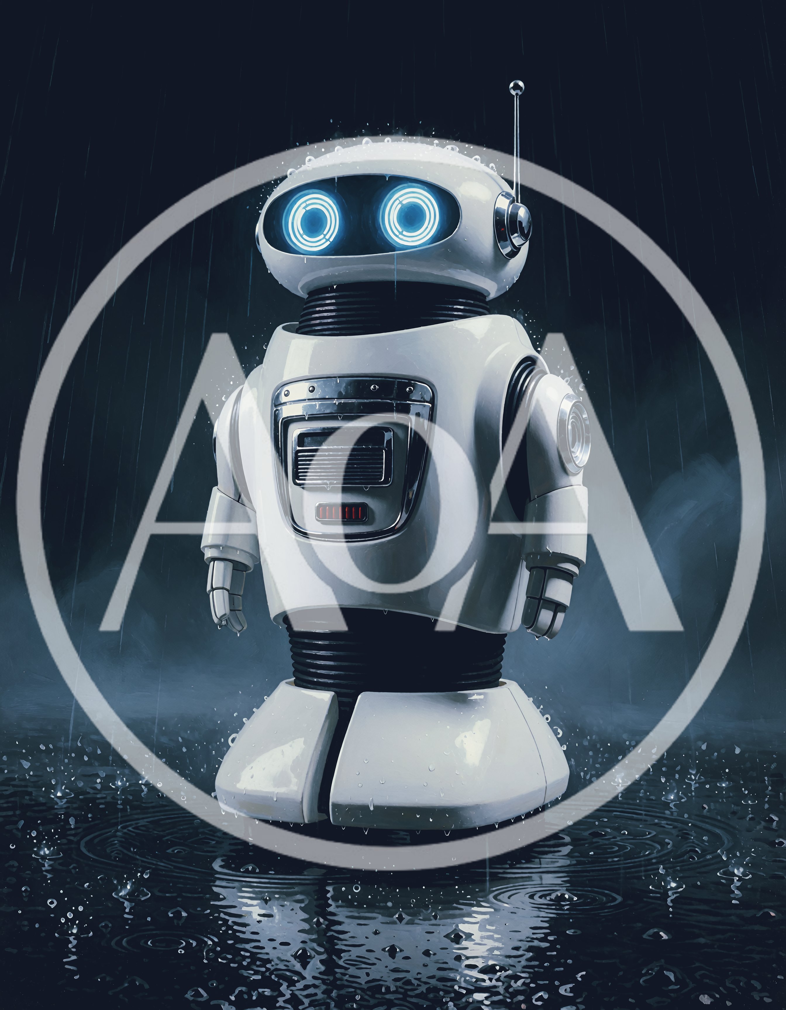 White Retro Robot Standing In The Rain