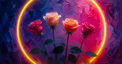 Four Vibrant Roses Framed By A Glowing Neon Circle