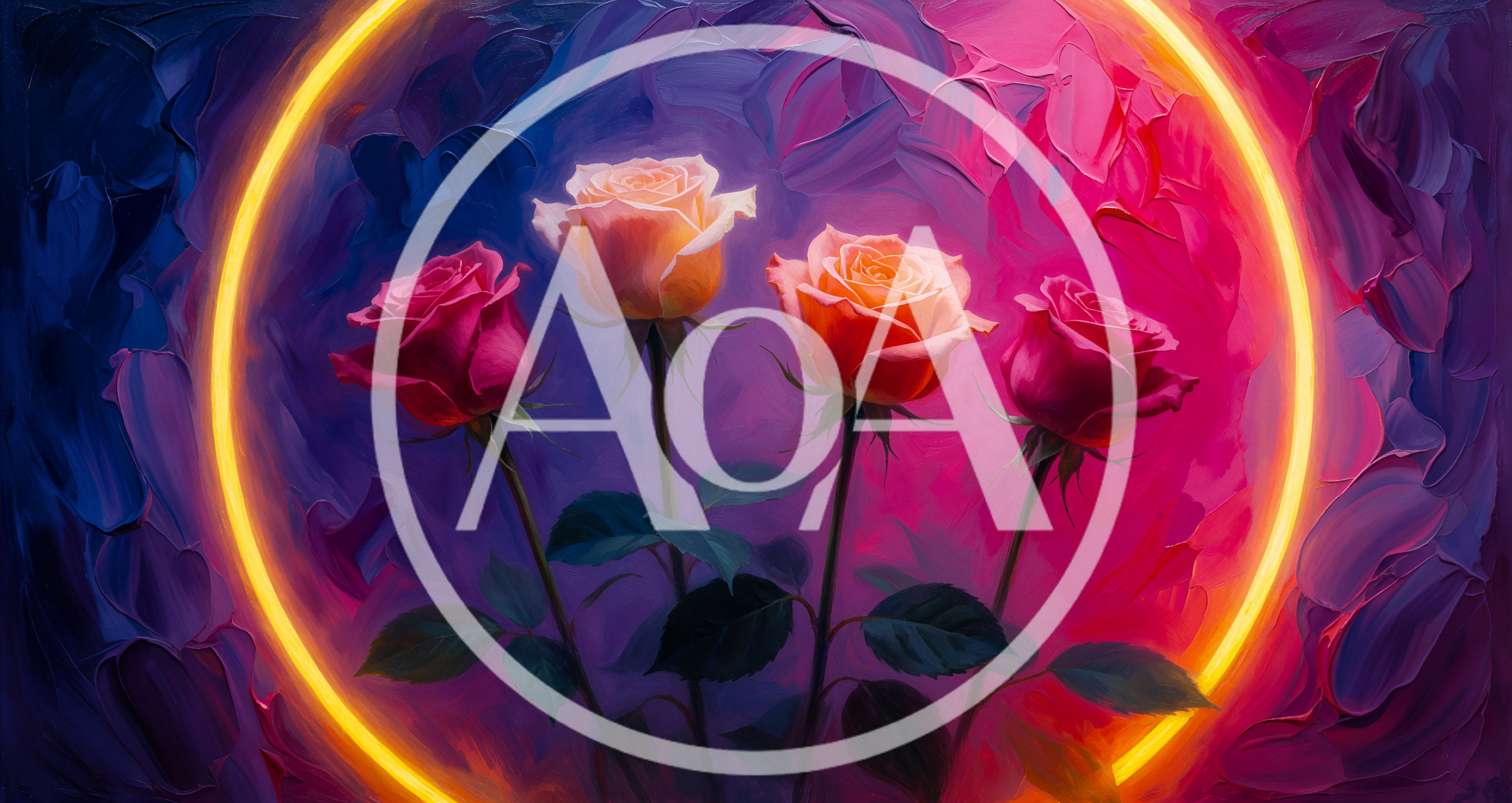 Four Vibrant Roses Framed By A Glowing Neon Circle
