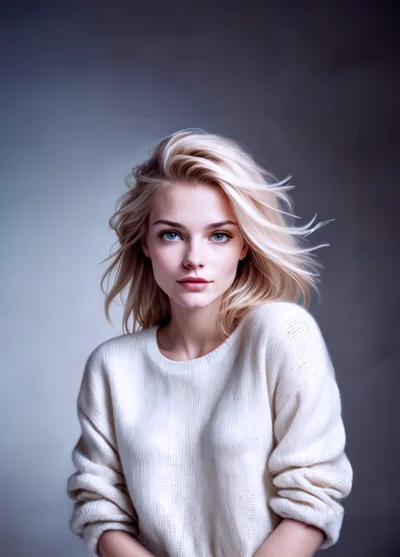 Portrait Of A Young Blonde Woman In White Sweater