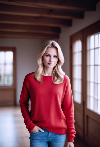 Portrait Of A Blonde Woman In A Red Sweater