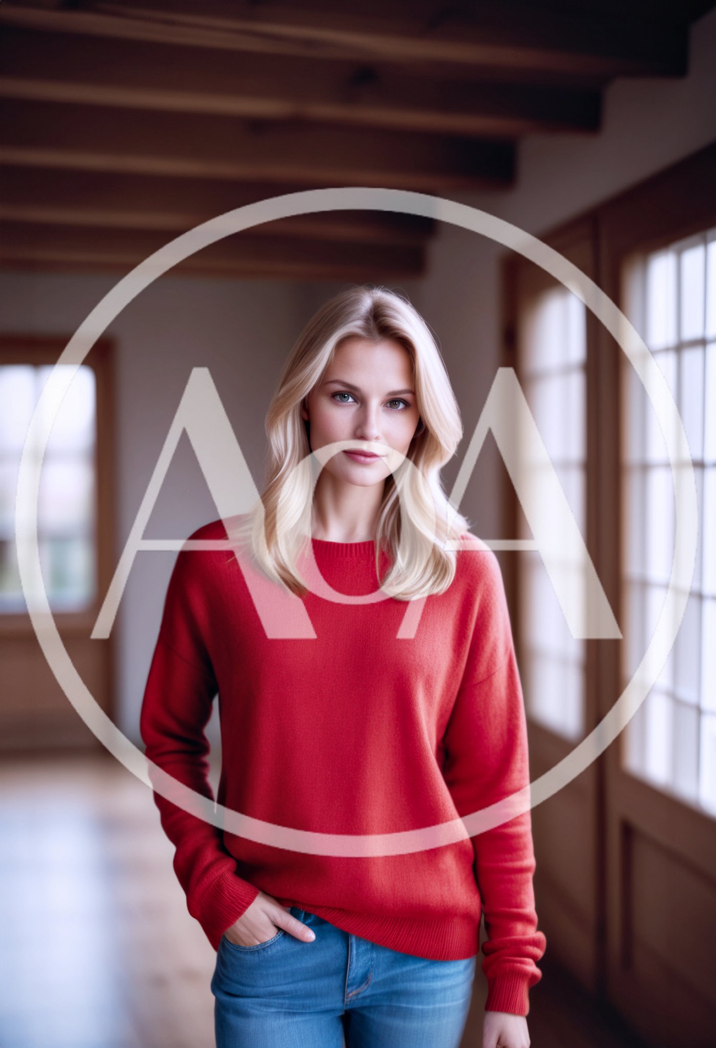 Portrait Of A Blonde Woman In A Red Sweater