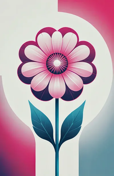 Stylized Pink Flower Illustration With Teal Leaves