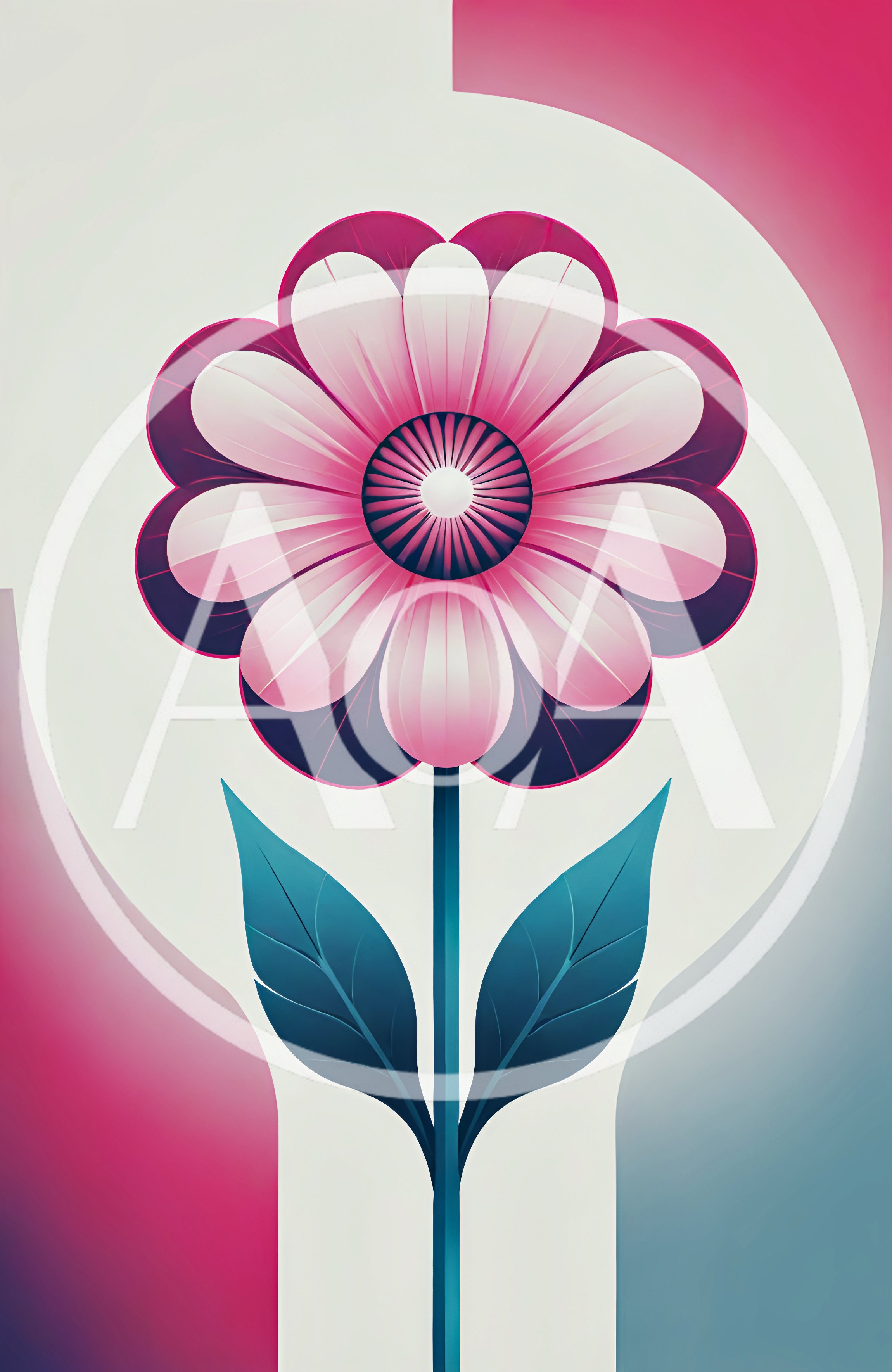 Stylized Pink Flower Illustration With Teal Leaves