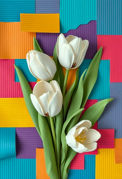 White Tulip Bouquet on Colorful Corrugated Paper Background