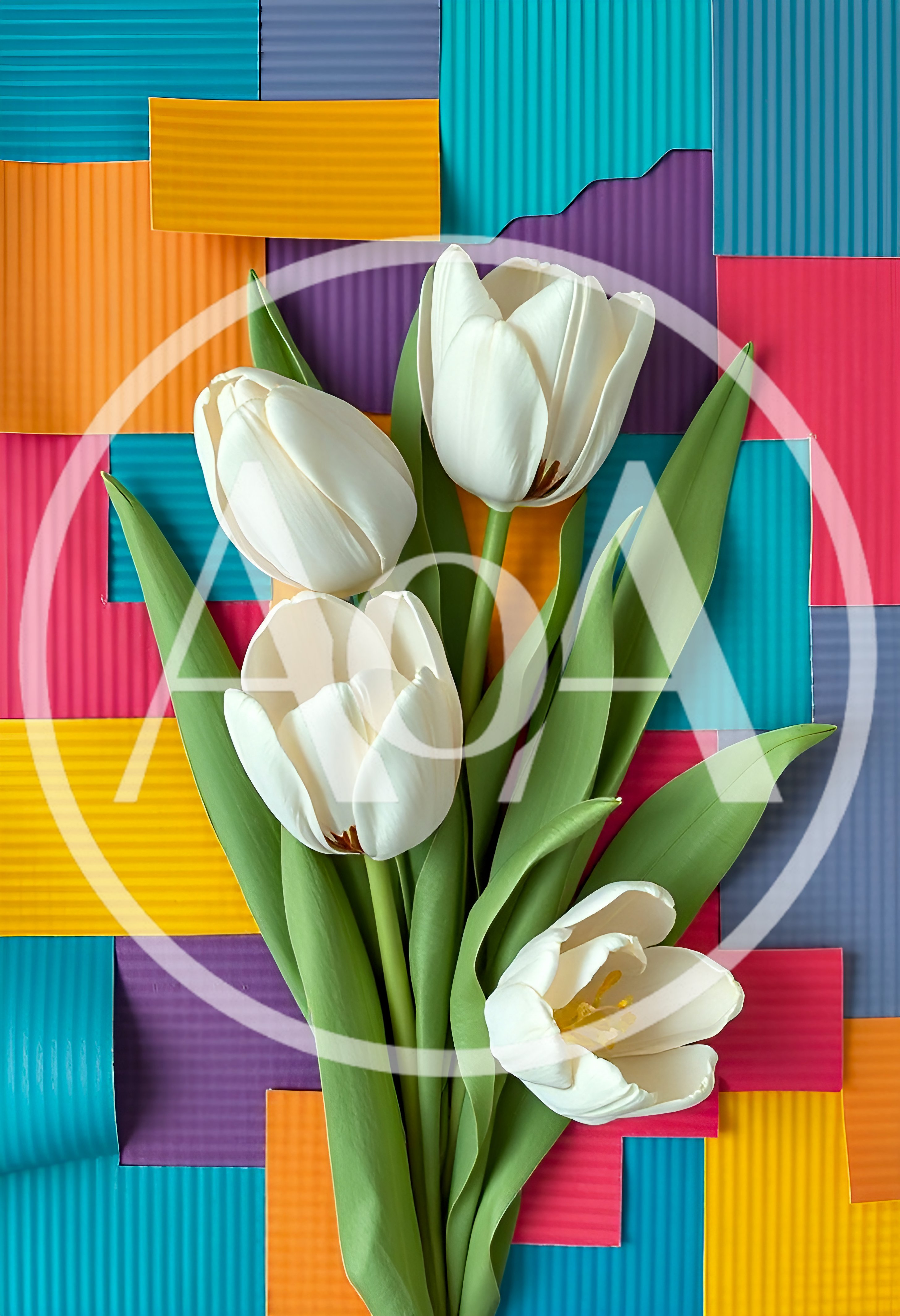 White Tulip Bouquet on Colorful Corrugated Paper Background