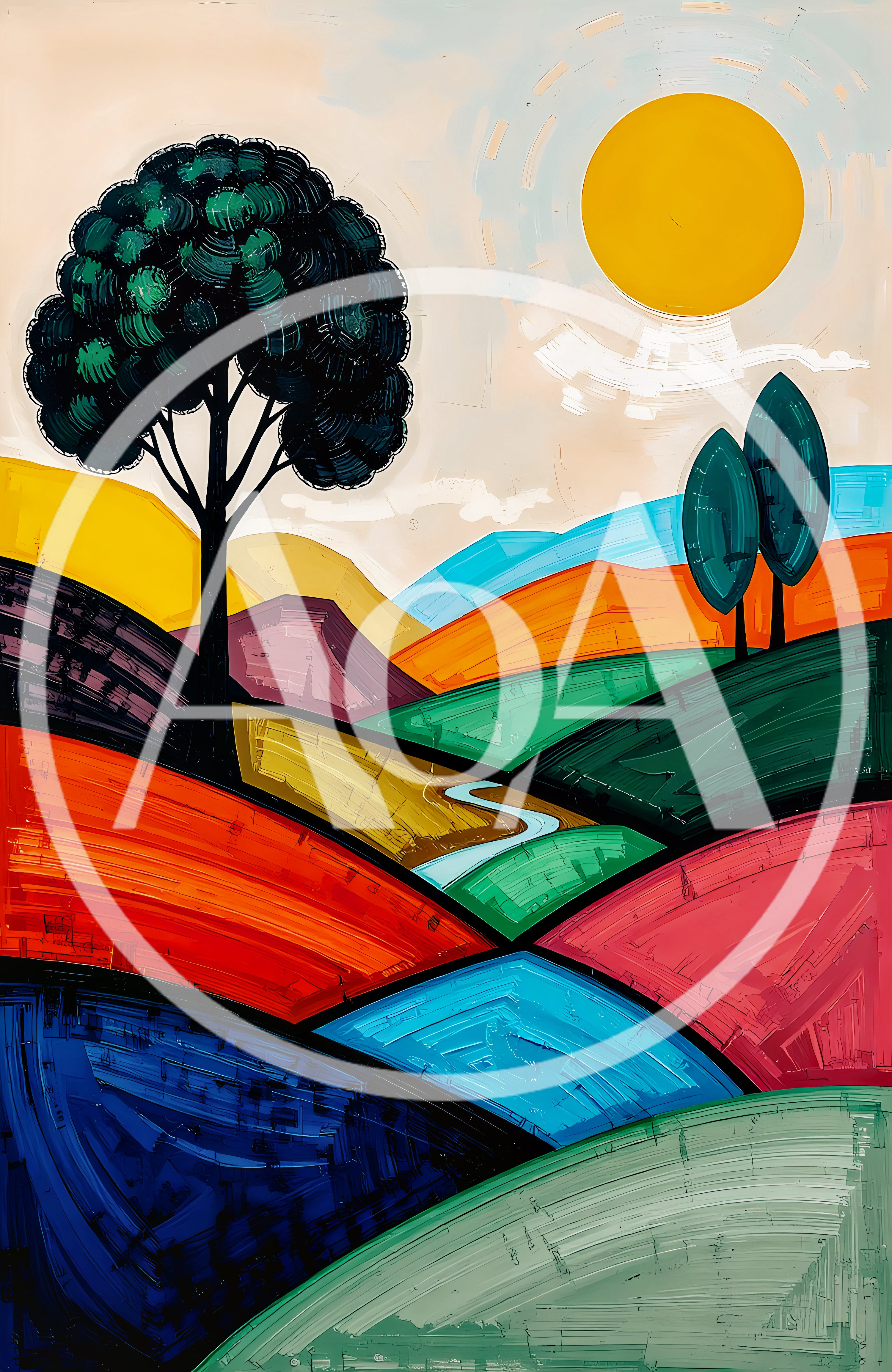 Abstract Landscape Painting With Vibrant Rolling Hills
