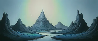 Surreal Jagged Mountain Peaks Over A Calm River