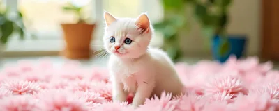 Adorable White Kitten Sitting On Pink Flower Petals