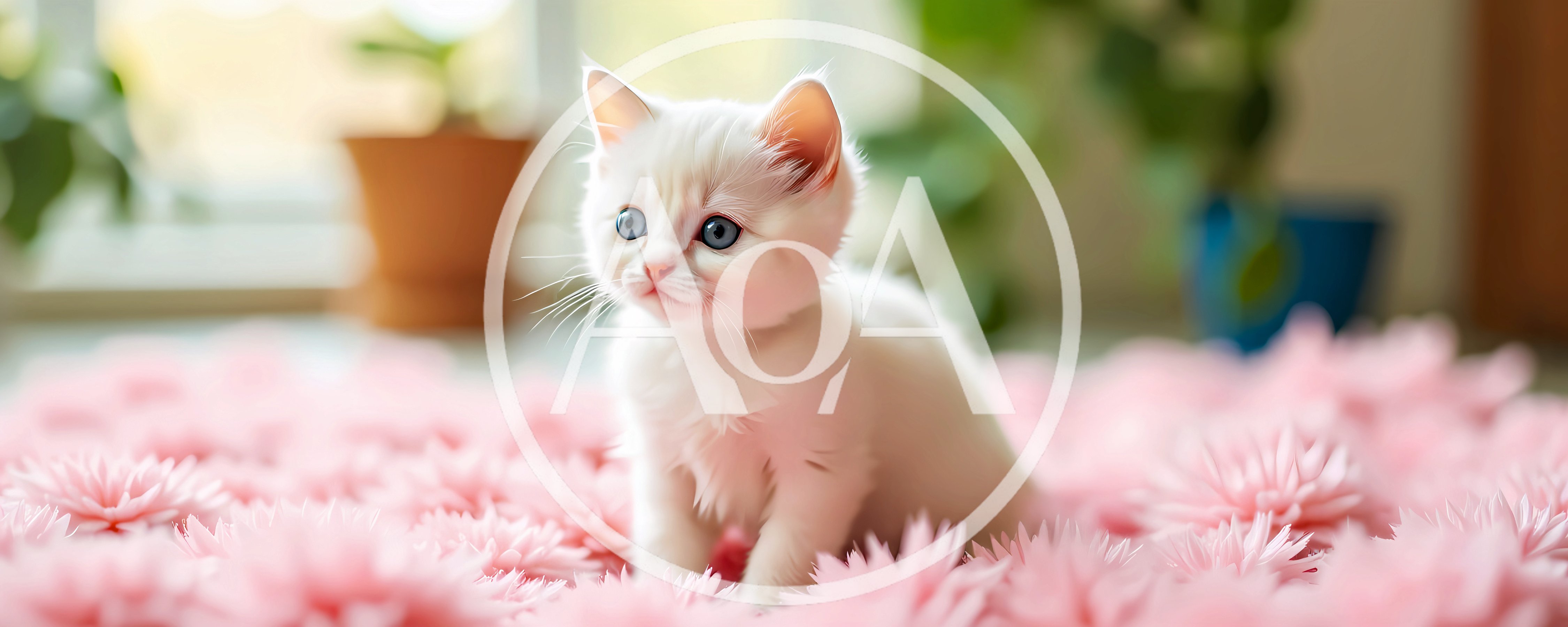 Adorable White Kitten Sitting On Pink Flower Petals