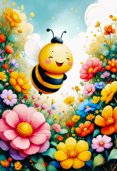 Cute Cartoon Bee Flying Over Colorful Wildflower Meadow