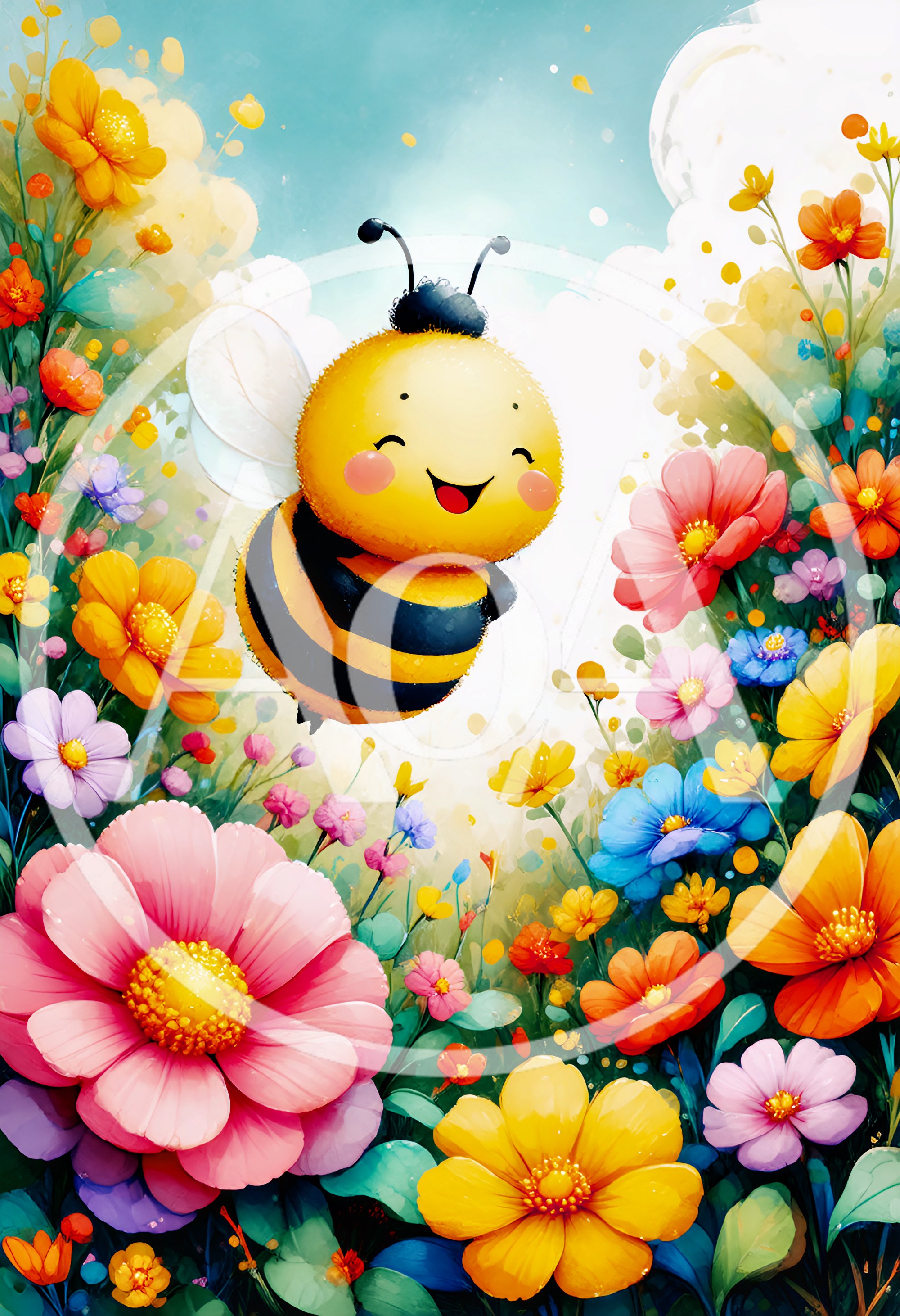 Cute Cartoon Bee Flying Over Colorful Wildflower Meadow