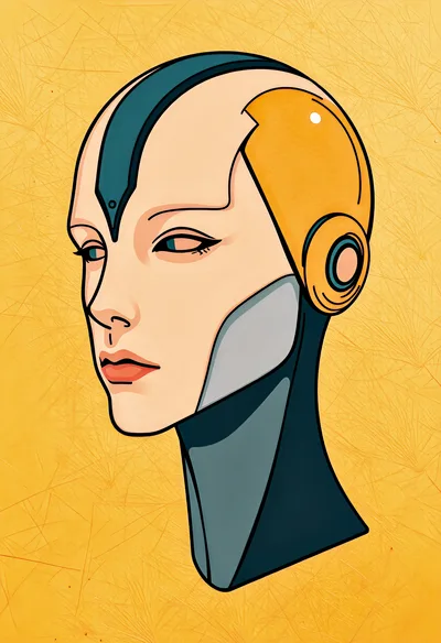 Stylized Digital Illustration Of A Futuristic Android Head