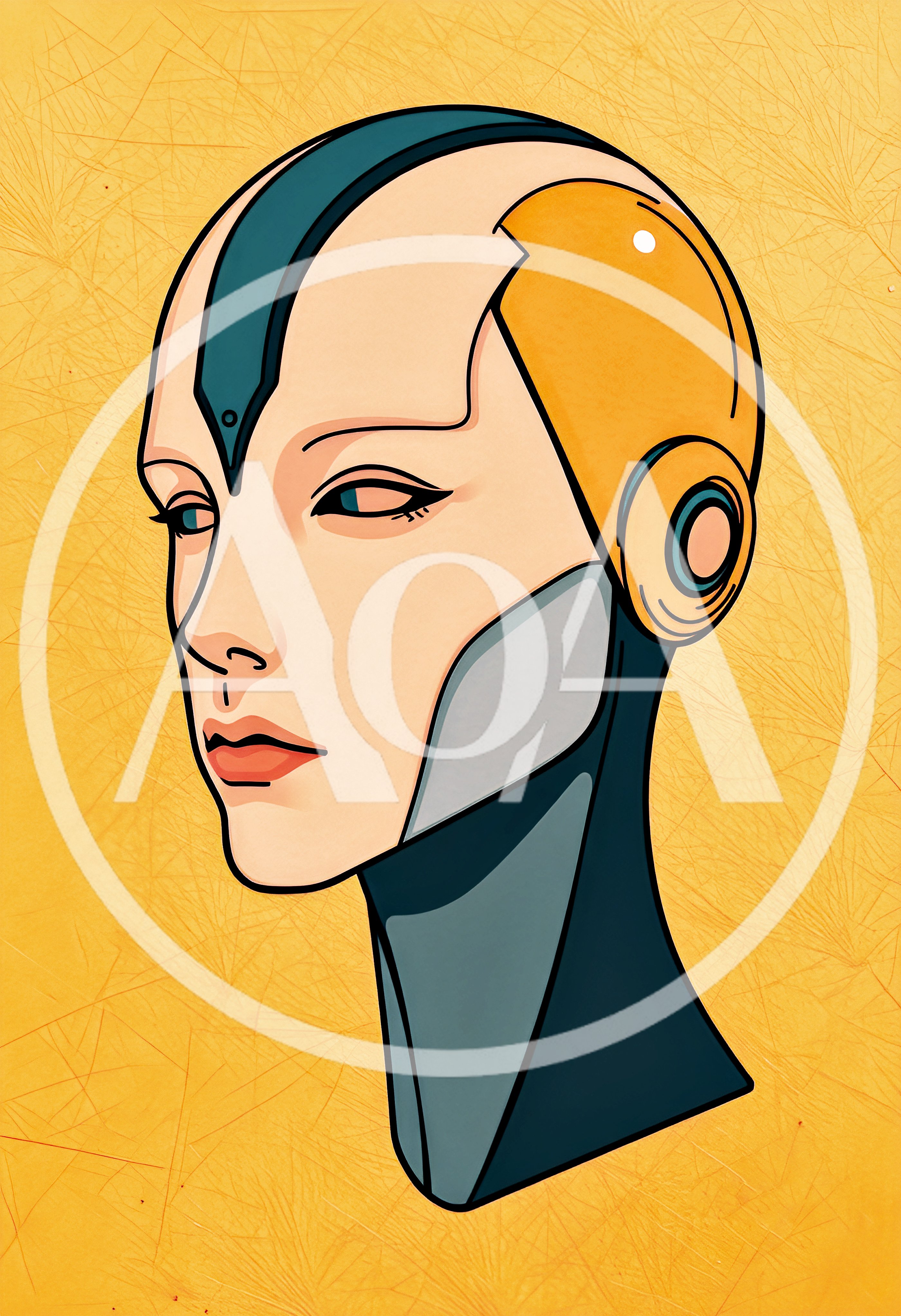 Stylized Digital Illustration Of A Futuristic Android Head