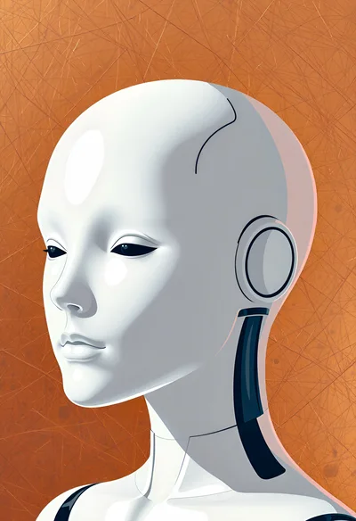 Stylized Android Head Portrait Against Textured Orange Background
