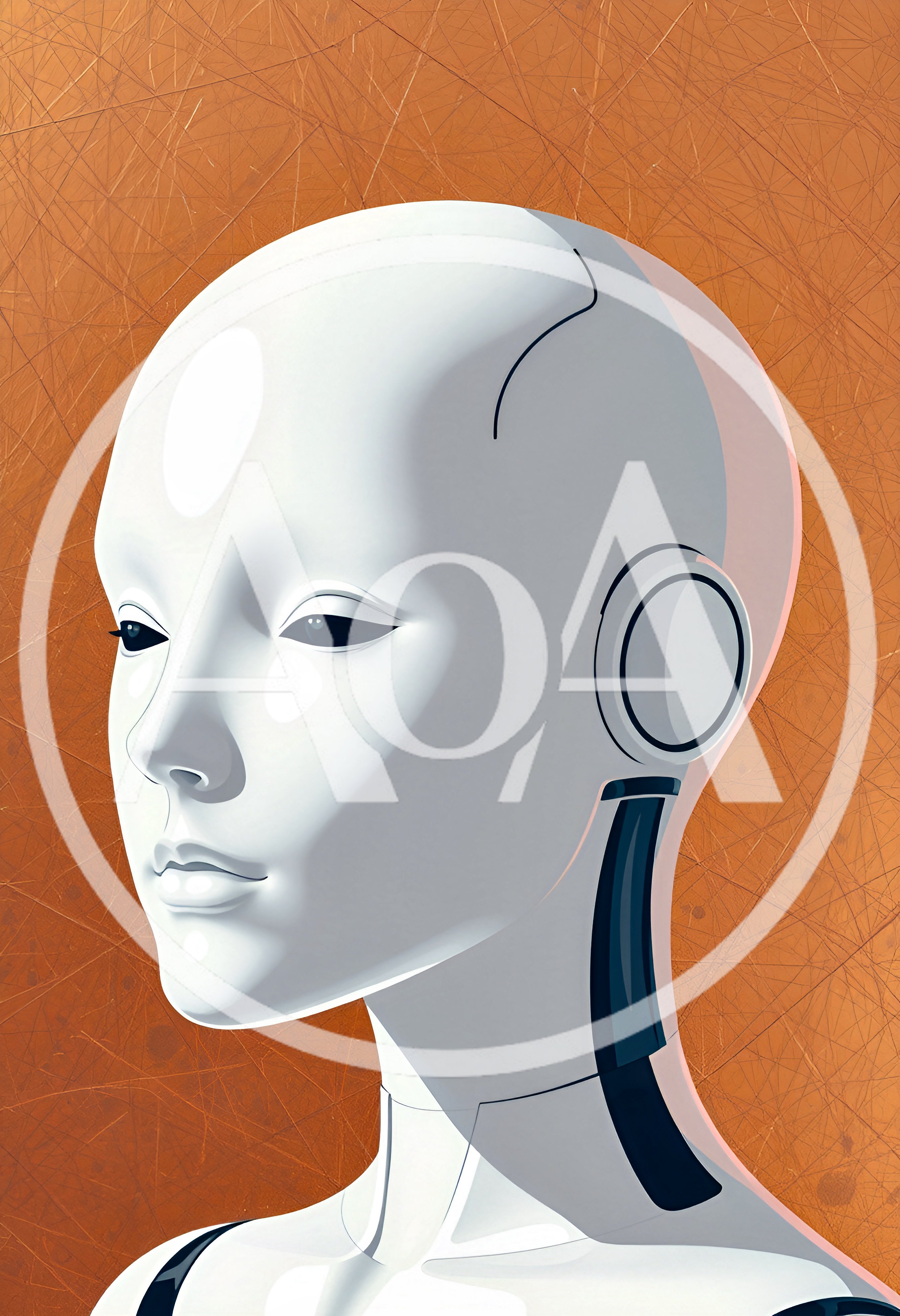 Stylized Android Head Portrait Against Textured Orange Background