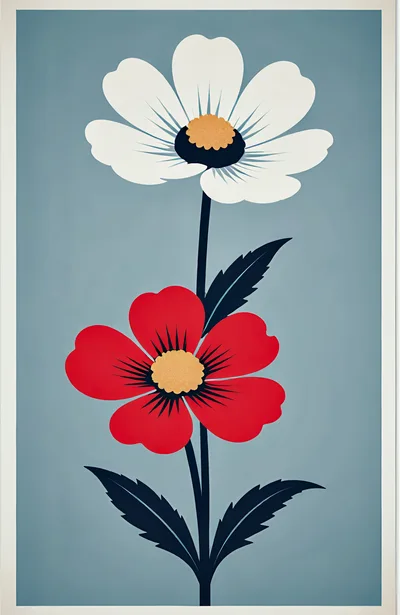 Minimalist Floral Illustration With Red And White Flowers