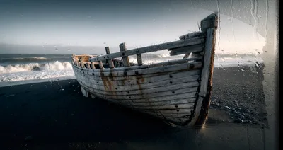 Weathered Wooden Boat Wreckage On A Dark Sand Beach