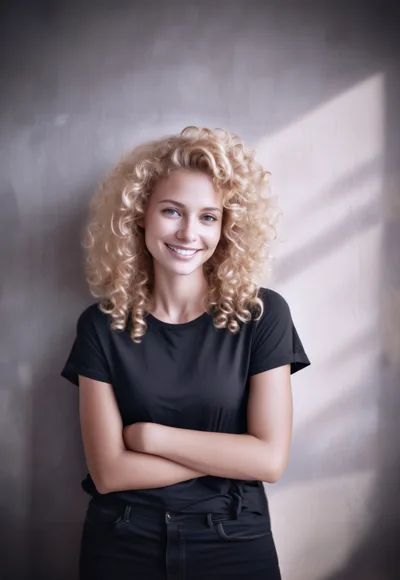 Portrait Of A Smiling Woman With Curly Blonde Hair