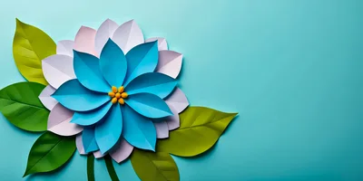 Paper Craft Flower With Green Leaves On Blue Background